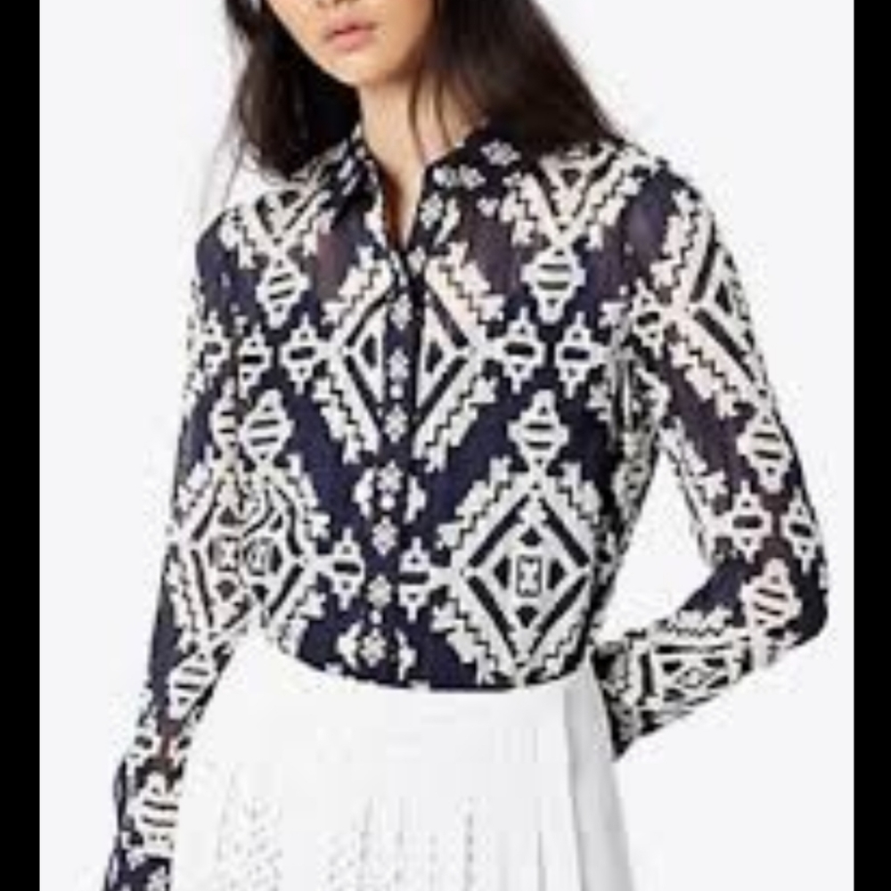 Tory Burch Navy & White Geometric Pattern Long Sleeve Shirt Size 4 NWT